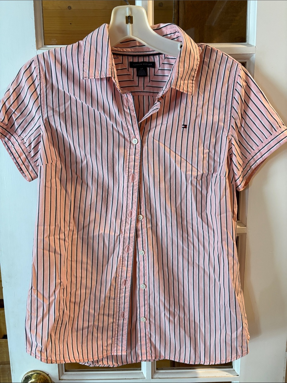 Tommy Hilfiger Pink and Navy Vertical Stripe Short-Sleeve Button-Down Shirt